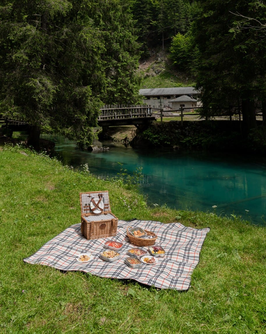 Cesto e cibo su tovaglia a quadri su prato accanto a corso d'acqua turchese e ponte di legno, edifici sullo sfondo