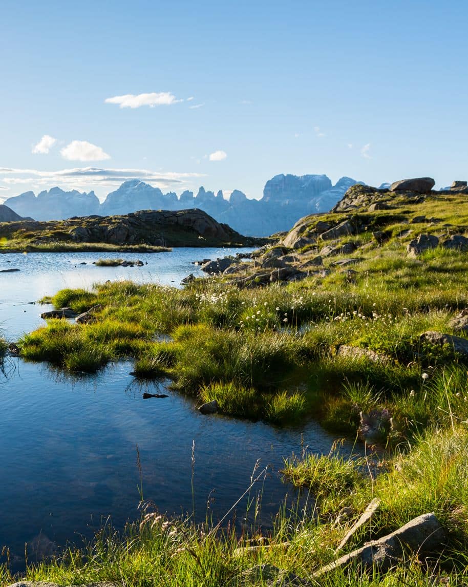 Lago alpino con riva erbosa e massi in primo piano, catena montuosa frastagliata sullo sfondo