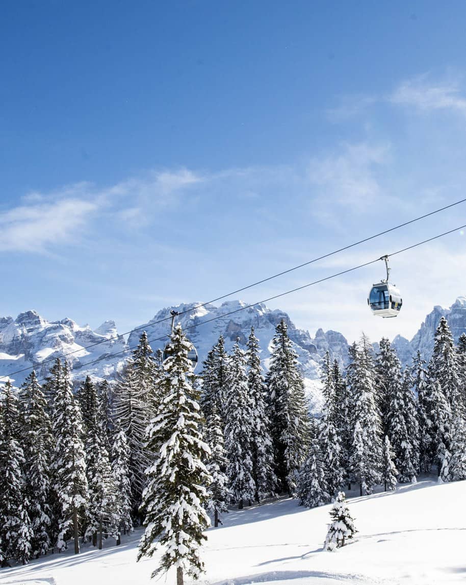 Cabina di funivia sospesa sopra un bosco di conifere innevate con montagne sullo sfondo