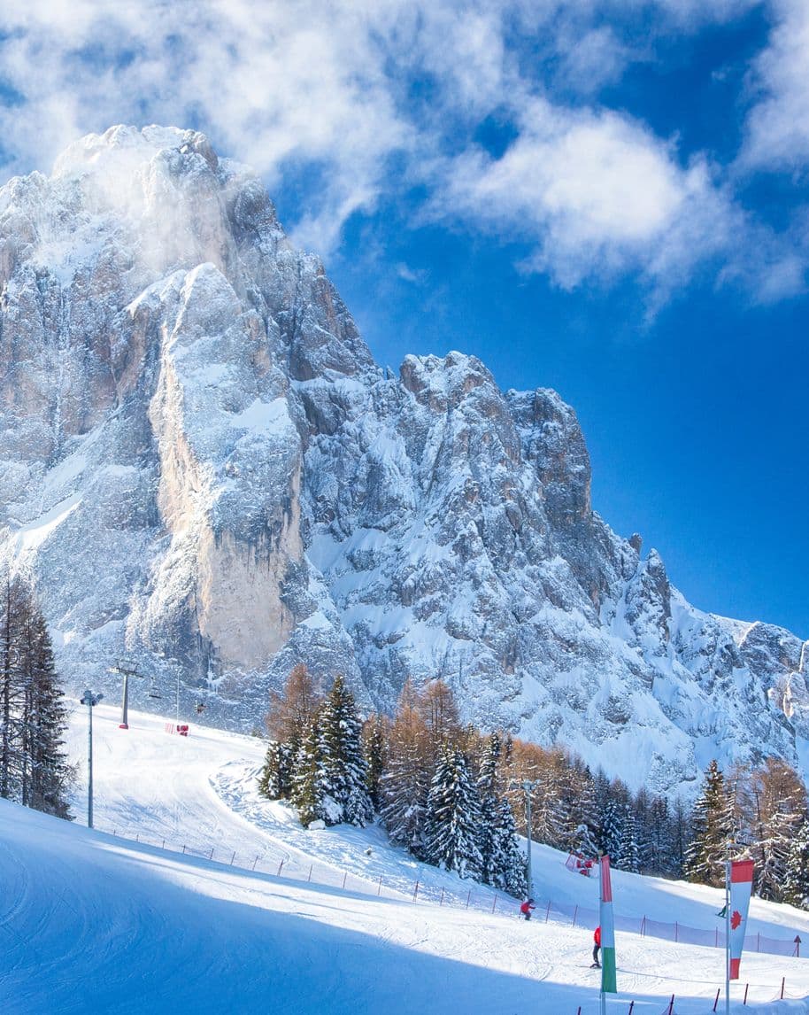 Montagna innevata con piste da sci, alberi e sciatori in discesa sotto un cielo azzurro