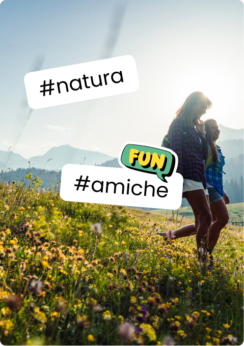Due donne che camminano in un prato fiorito tra montagne al tramonto, sticker '#natura' '#amiche' 'FUN'