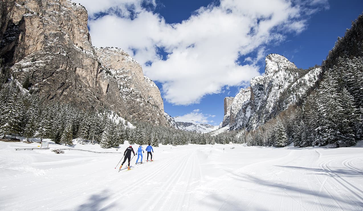 Tre sciatori di fondo su pista battuta in una valle innevata circondata da pini e alte pareti rocciose