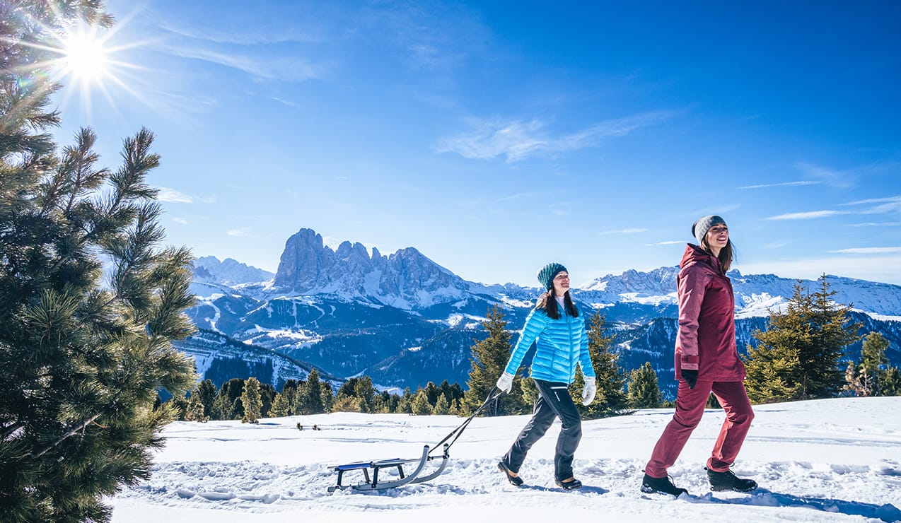 Due persone camminano nella neve; una trascina una slitta, montagne e pini sullo sfondo