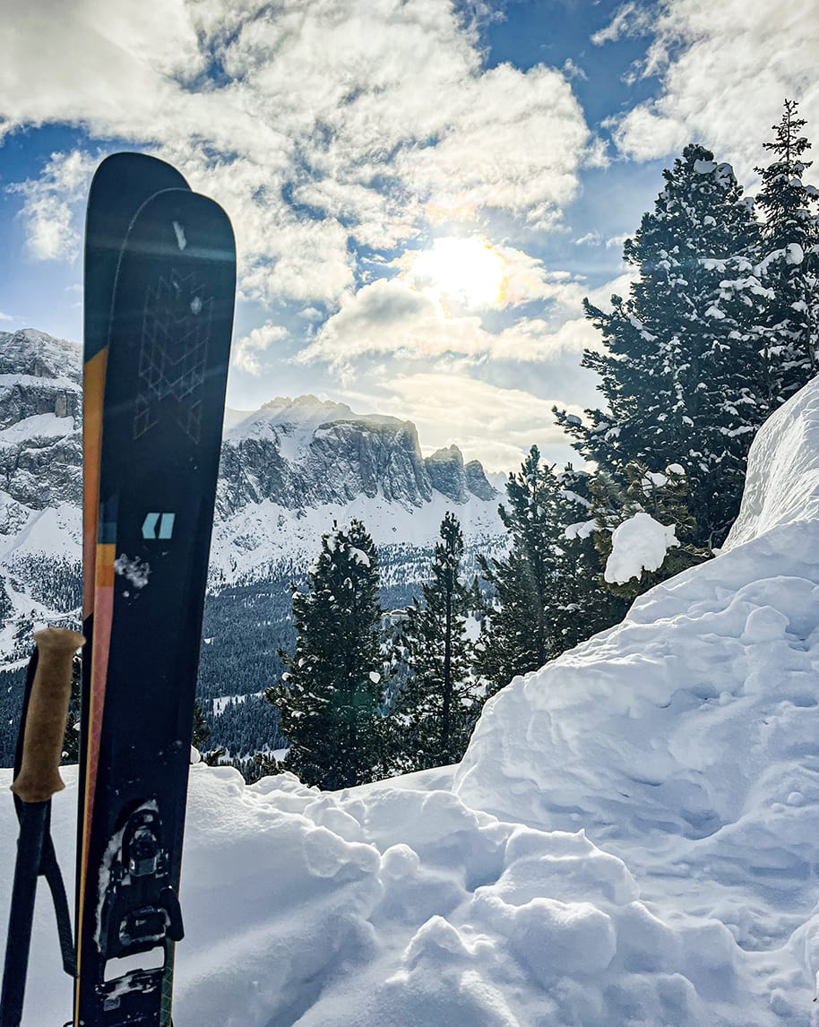 Sci appoggiati nella neve in primo piano, pini innevati e massiccio montuoso sullo sfondo col sole