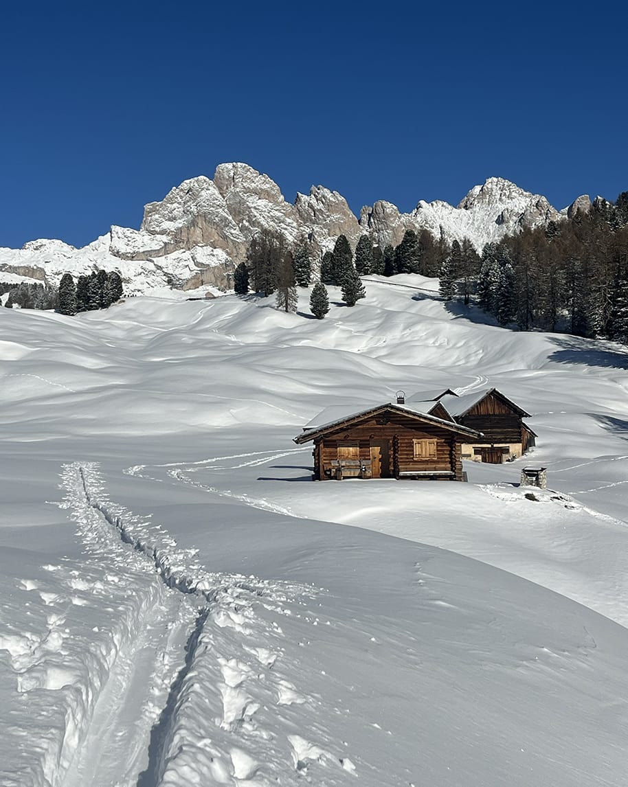Baita di legno su pianoro innevato con tracce nella neve, abeti e montagne rocciose sullo sfondo