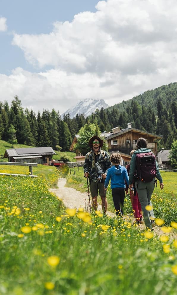 Gruppo di escursionisti (due adulti e due bambini) che camminano su sentiero in prato fiorito verso baite e montagna