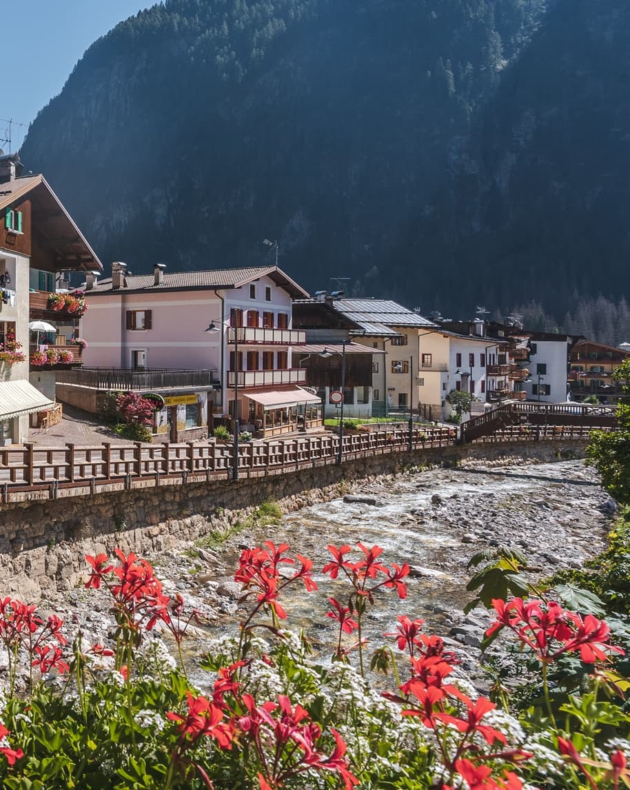 Fiori rossi in primo piano, torrente con argine in pietra, case alpine e passerella contro montagna boschiva