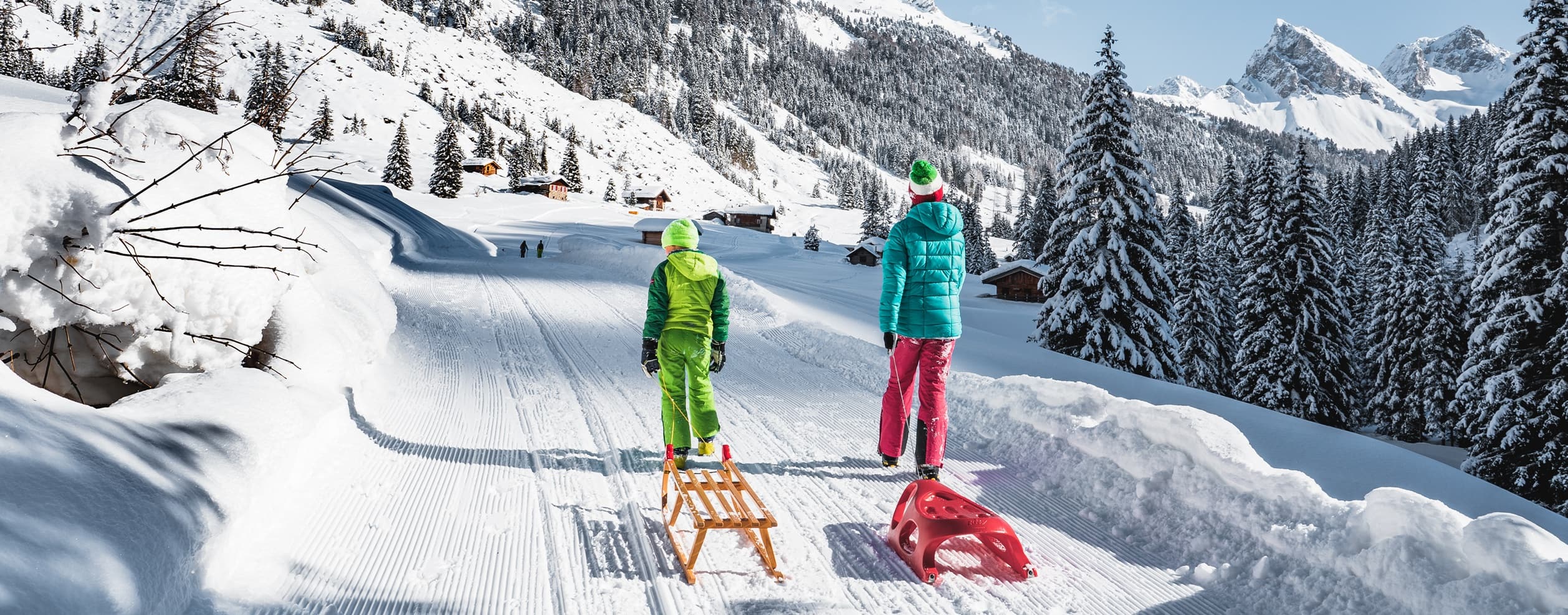 Due persone di schiena trascinano slitte su pista battuta tra alberi e baite innevate