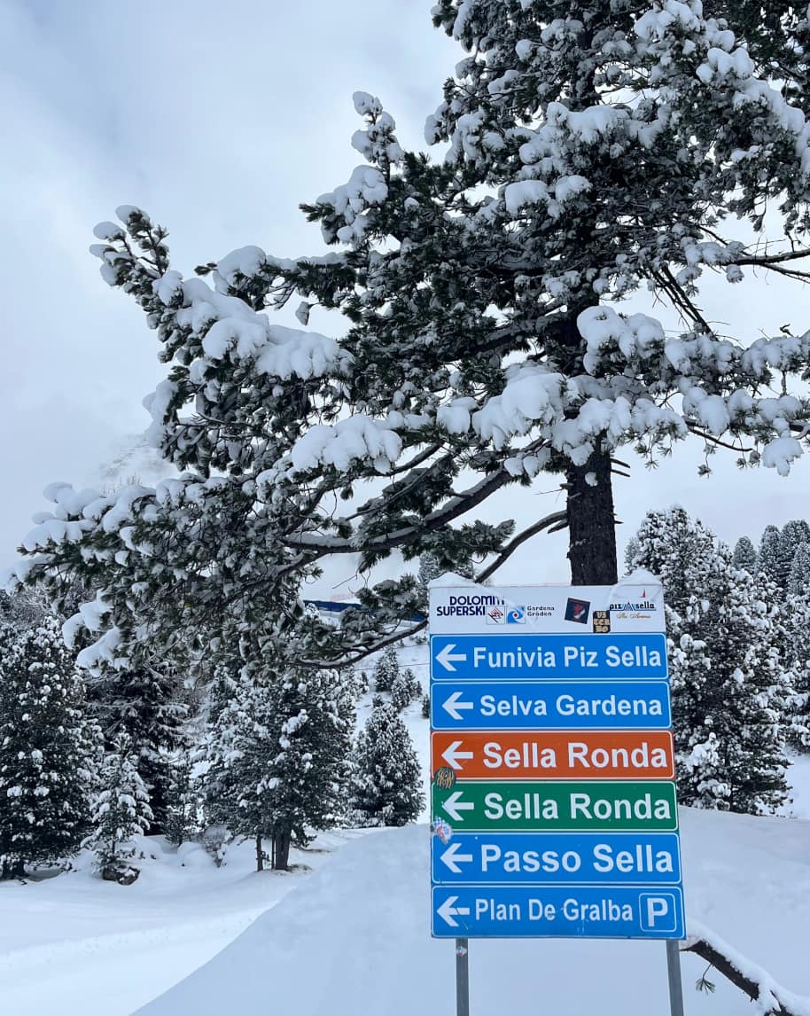 Segnale innevato con frecce: Funivia Piz Sella, Selva Gardena, Sella Ronda, Passo Sella; alberi e neve