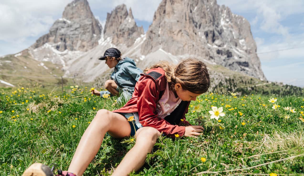 Due bambini raccolgono fiori su un prato alpino con grandi pareti rocciose sullo sfondo