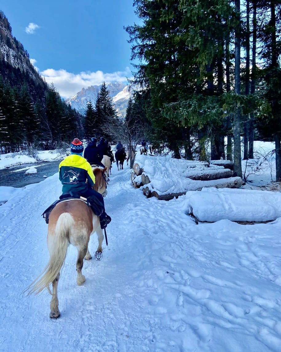 Persone a cavallo su sentiero innevato tra abeti, fiume a sinistra e montagne innevate sullo sfondo