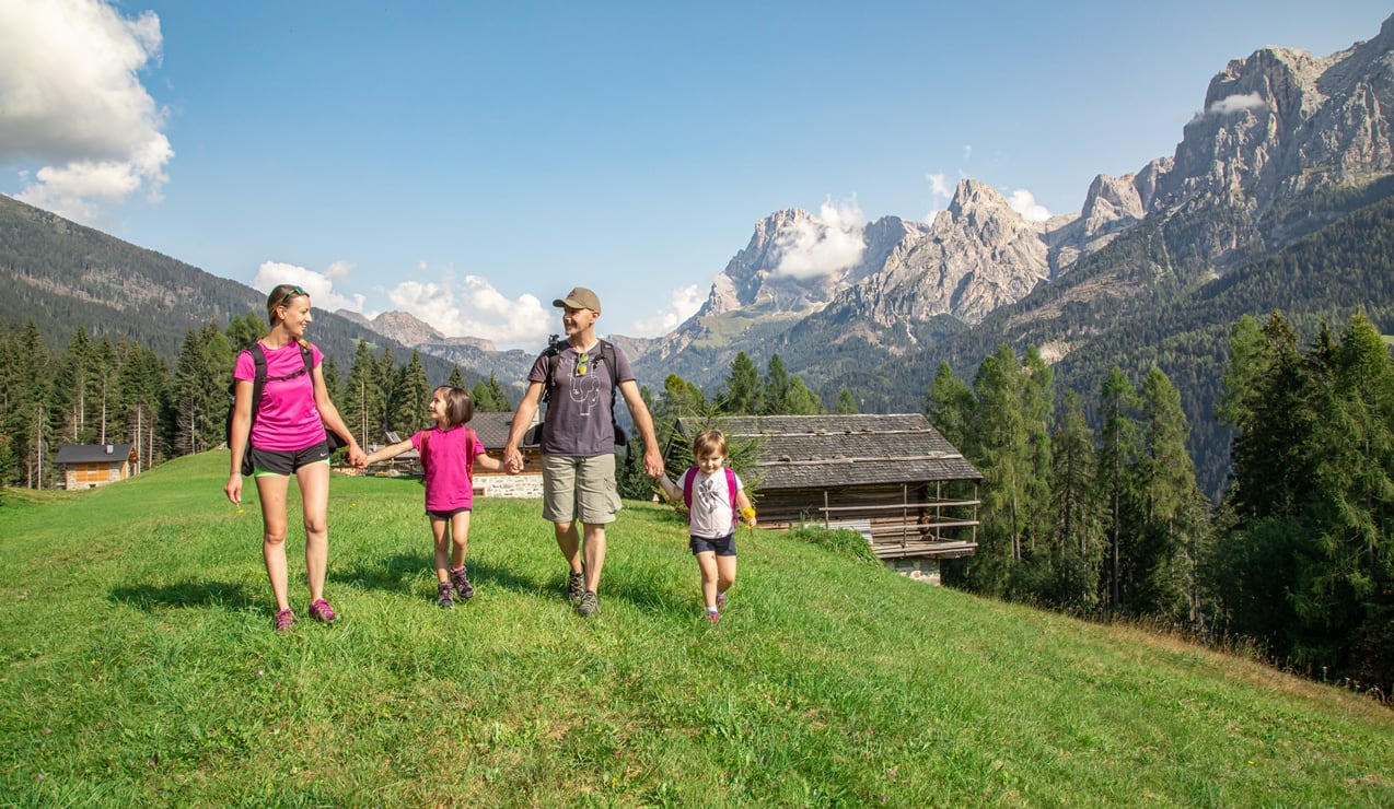 Famiglia di quattro persone che cammina mano nella mano su un prato alpino con baite e montagne sullo sfondo.