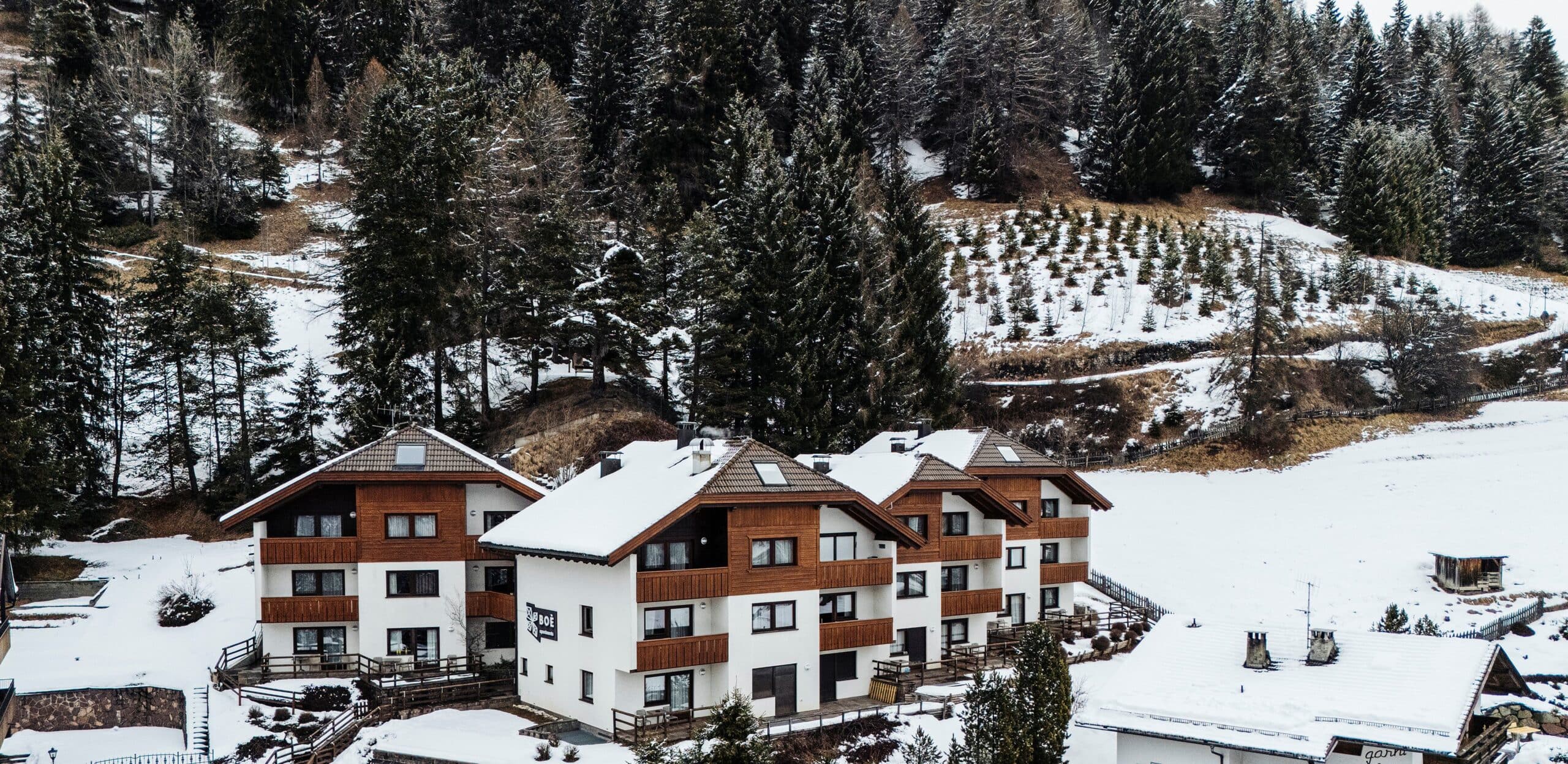 Tre edifici residenziali in legno su pendio innevato, davanti a un fitto bosco di conifere
